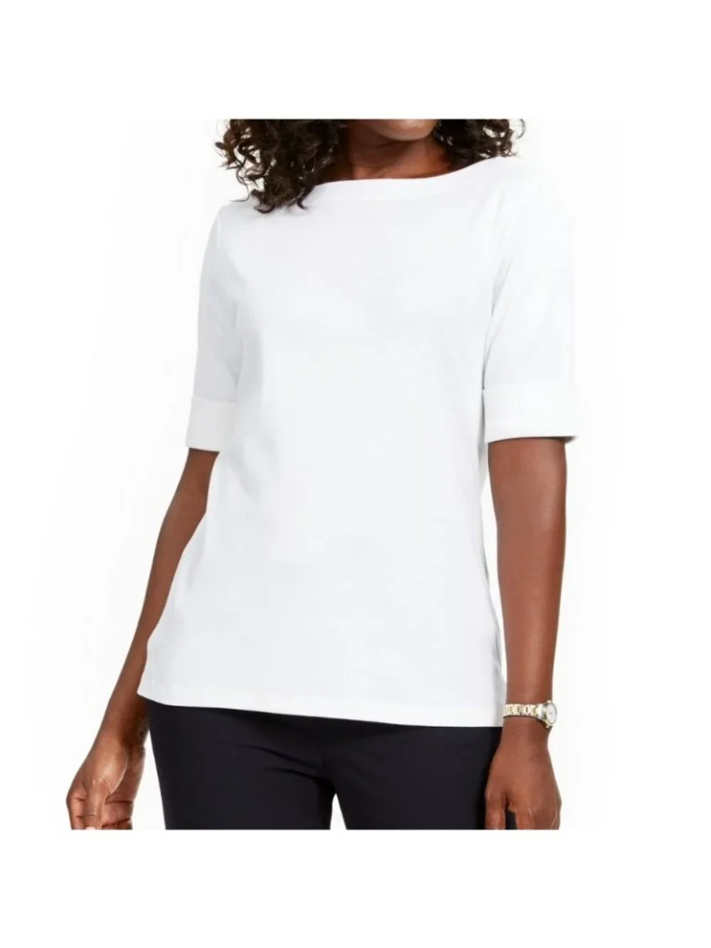 NWT Karen Scott Womens White Cotton Half Sleeve Boat Neck Top Petite Size PP